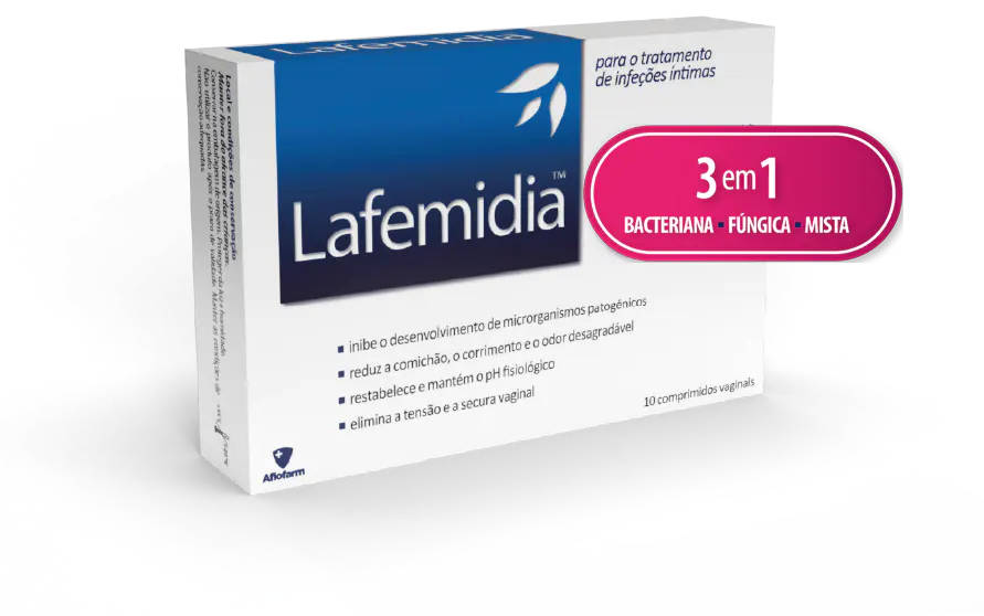 Caixa de comprimidos Lafemidia. Tratamento dos 3 tipos de infeções vaginais em 1 comprimido